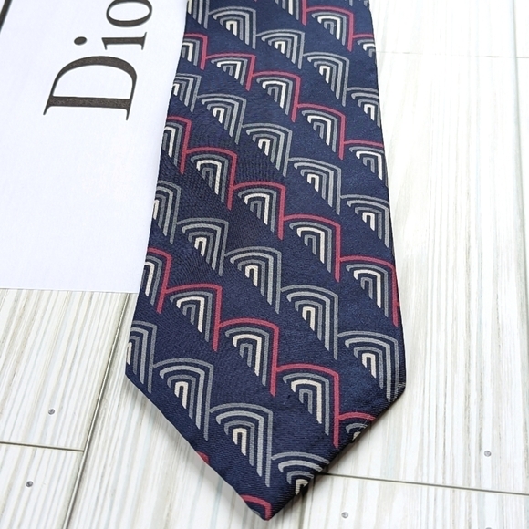 Christian Dior Vintage Geometric Silk Necktie in Slate Blue and Gray - Picture 7 of 7